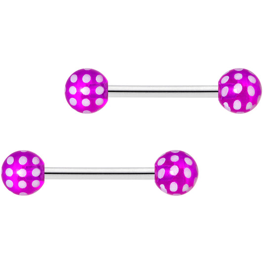 14G 9/16 Purple White Polka Dot UV Ball Barbell Nipple Ring Set