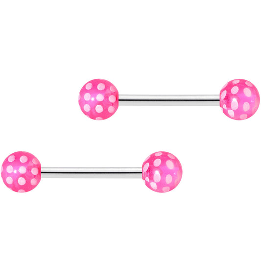 14G 9/16 Pink White Polka Dot UV Ball Barbell Nipple Ring Set
