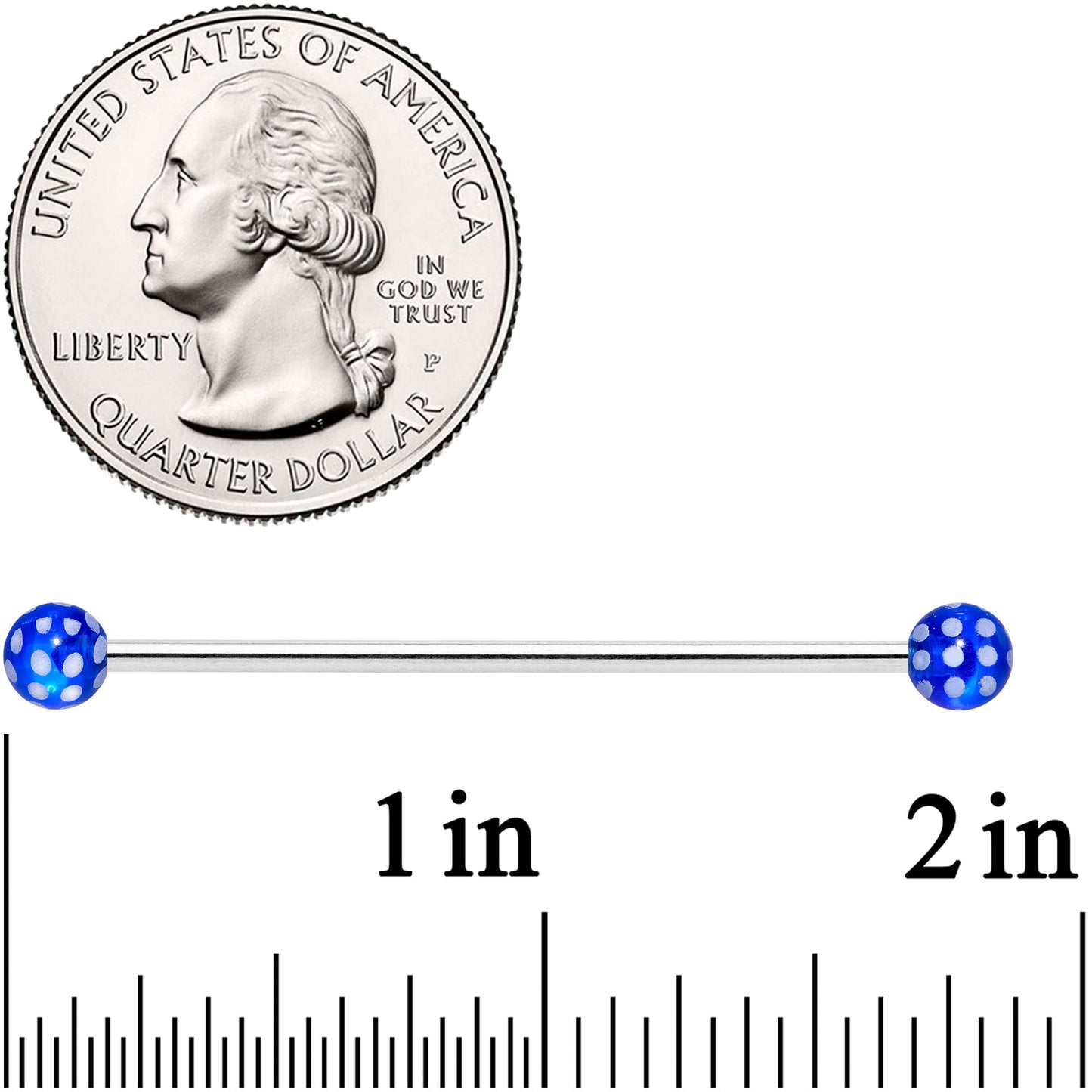 14G Blue White Polka Dot UV Industrial Barbell 38mm