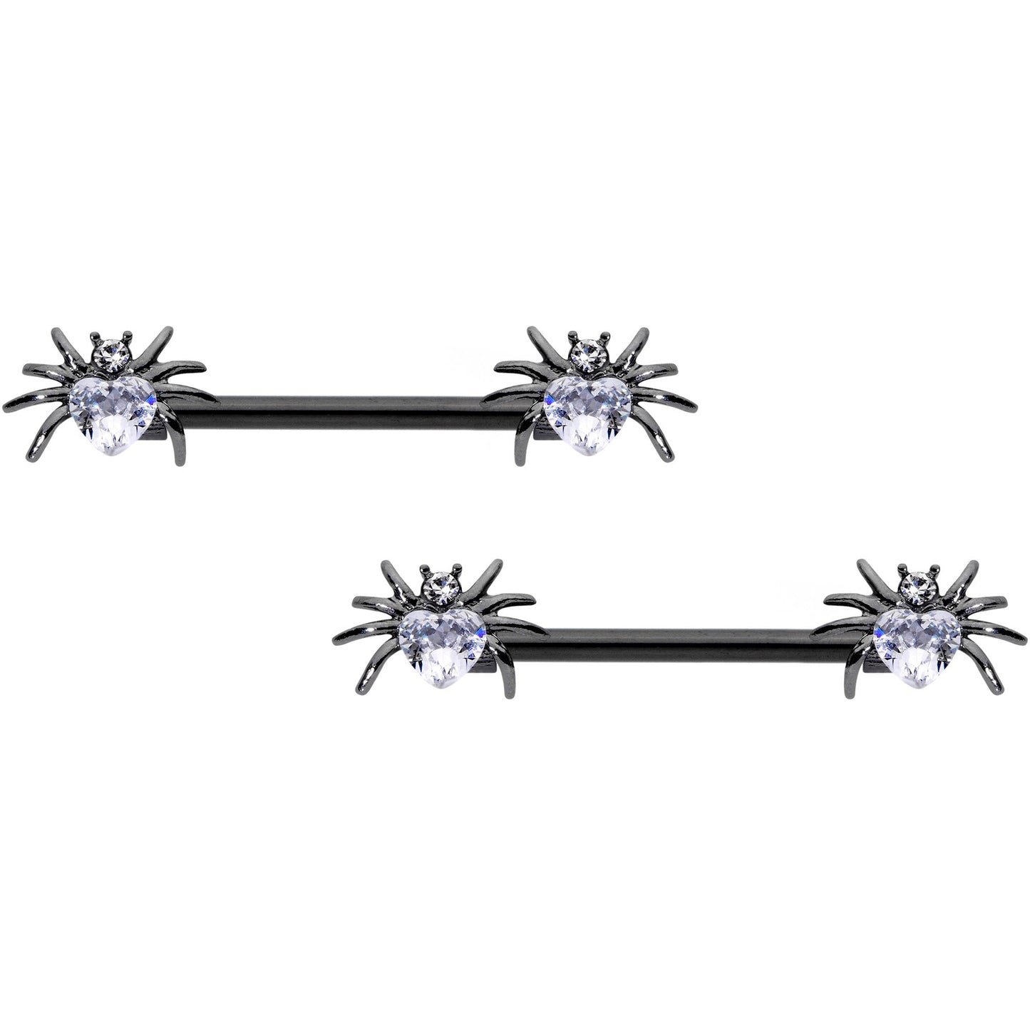 14G 5/8 Clear Gem Black Sexy Heart Spider Barbell Nipple Ring Set