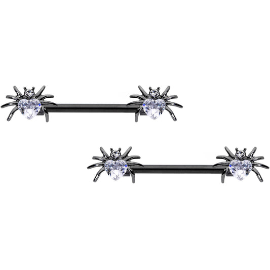 14G 5/8 Clear Gem Black Sexy Heart Spider Barbell Nipple Ring Set