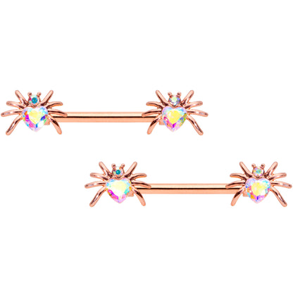 14G 5/8 Aurora Gem Rosy Sexy Heart Spider Barbell Nipple Ring Set