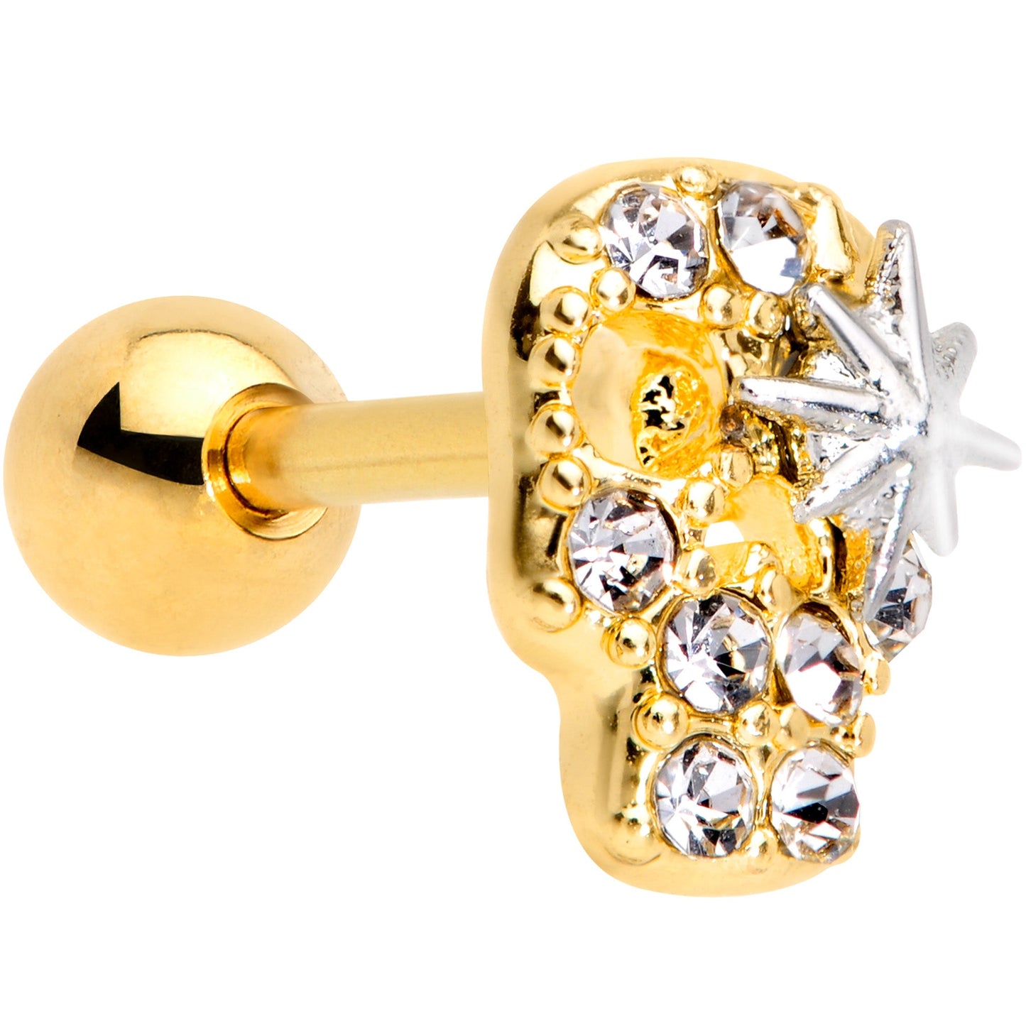 16G 1/4 Clear Gem Gold Tone Star Skull Cartilage Tragus Earring