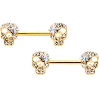 14G 9/16 Clear Gem Gold Tone Star Skull Barbell Nipple Ring Set