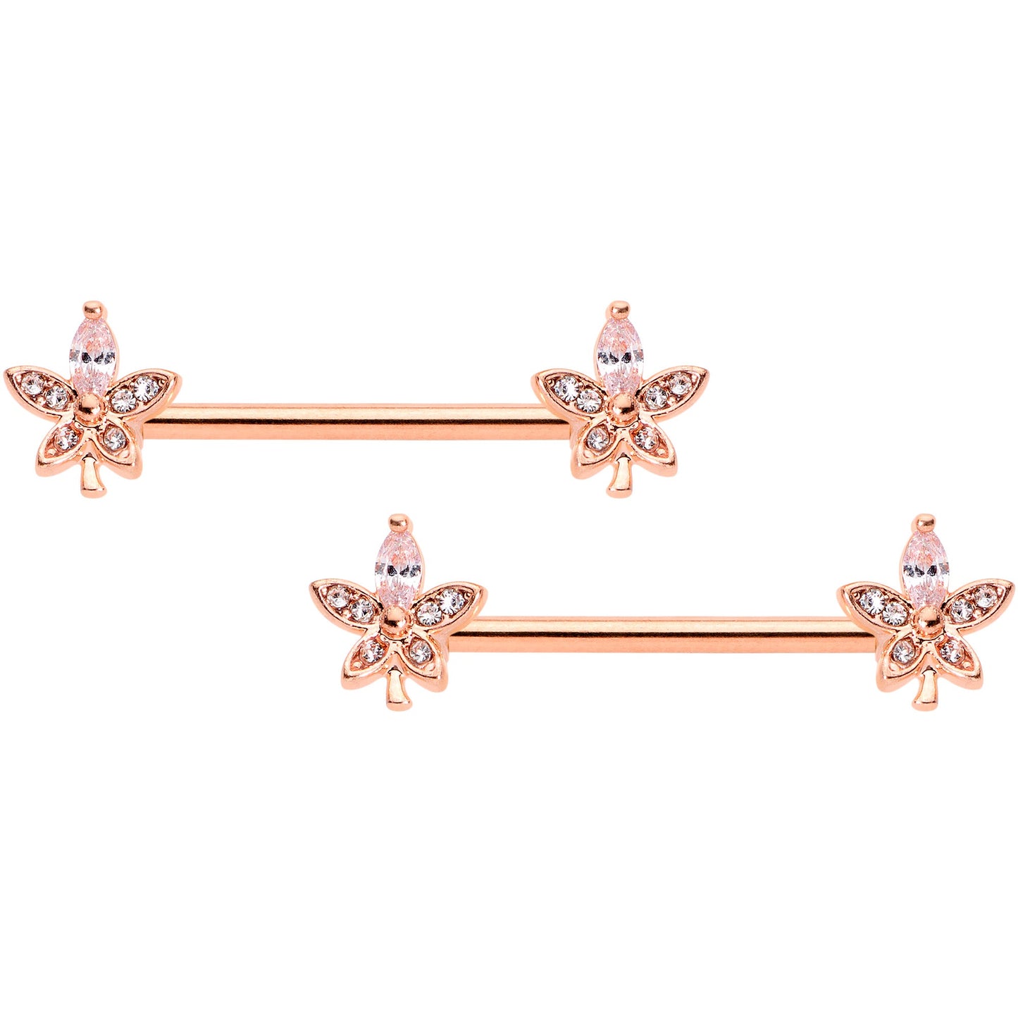 14G 5/8 Clear Gem Rose Gold Tone Beautiful Flower Nipple Ring Set