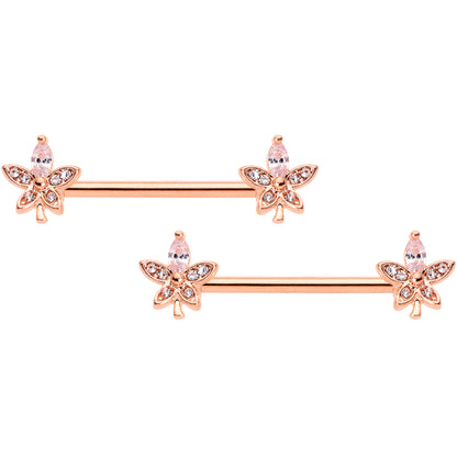 14G 5/8 Clear Gem Rose Gold Tone Beautiful Flower Nipple Ring Set