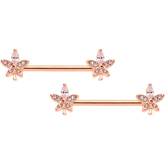 14G 5/8 Clear Gem Rose Gold Tone Beautiful Flower Nipple Ring Set