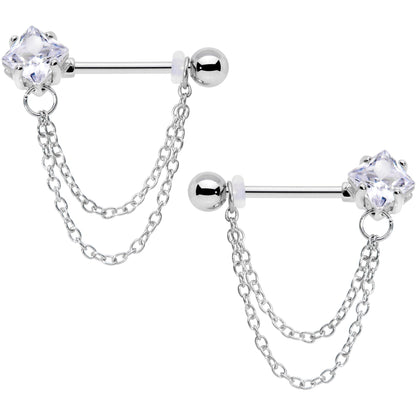 14G 5/8 Clear Gem Elegant Chain Dangle Barbell Nipple Ring Set