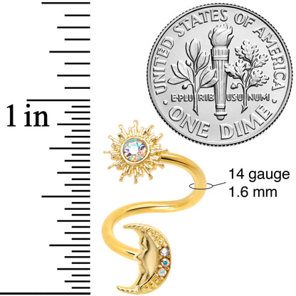 14G 7/16 Aurora Gem Gold Tone Moon Spiral Twister Belly Ring