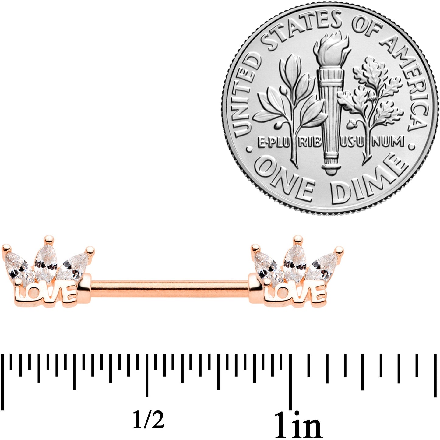 14G 9/16 Clear Gem Rose Gold Tone Love Barbell Nipple Ring Set