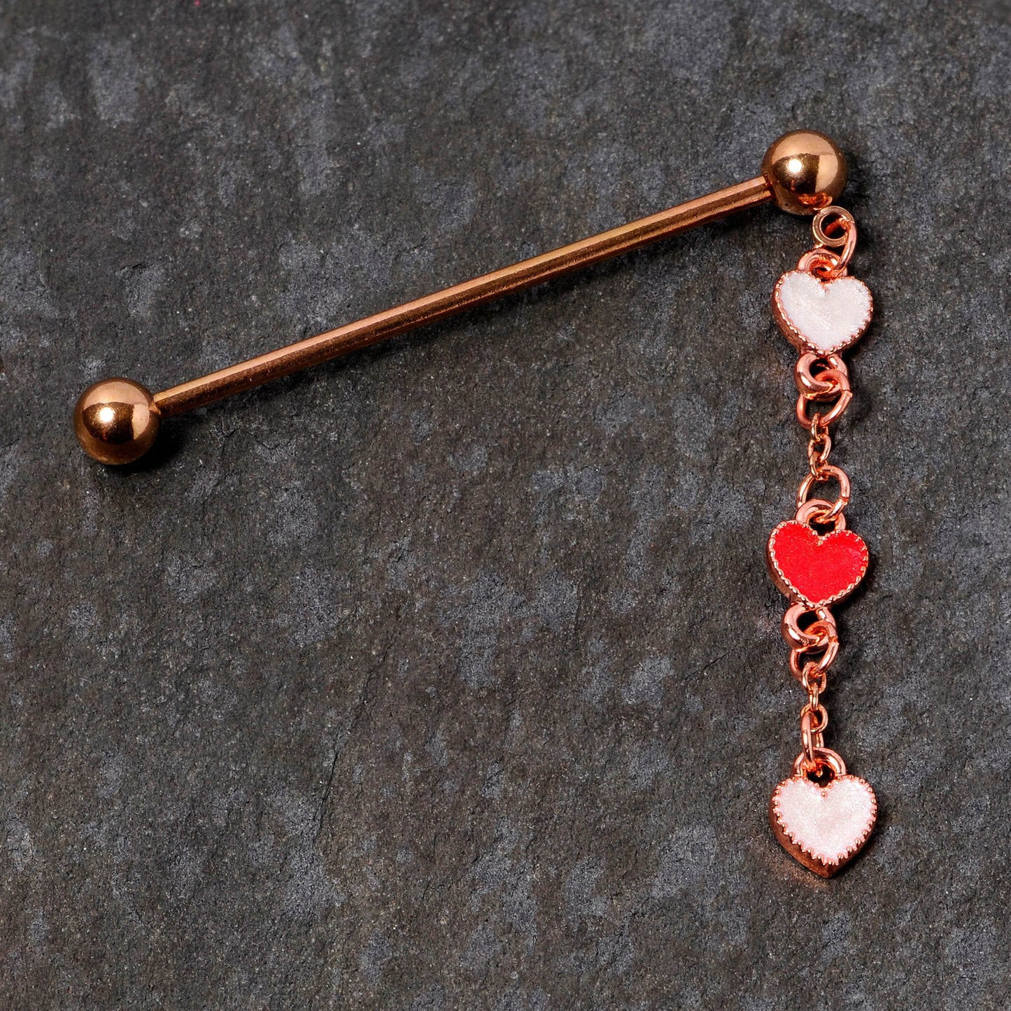 14G Red White Rose Gold Tone Hearts Dangle Industrial Barbell 38mm