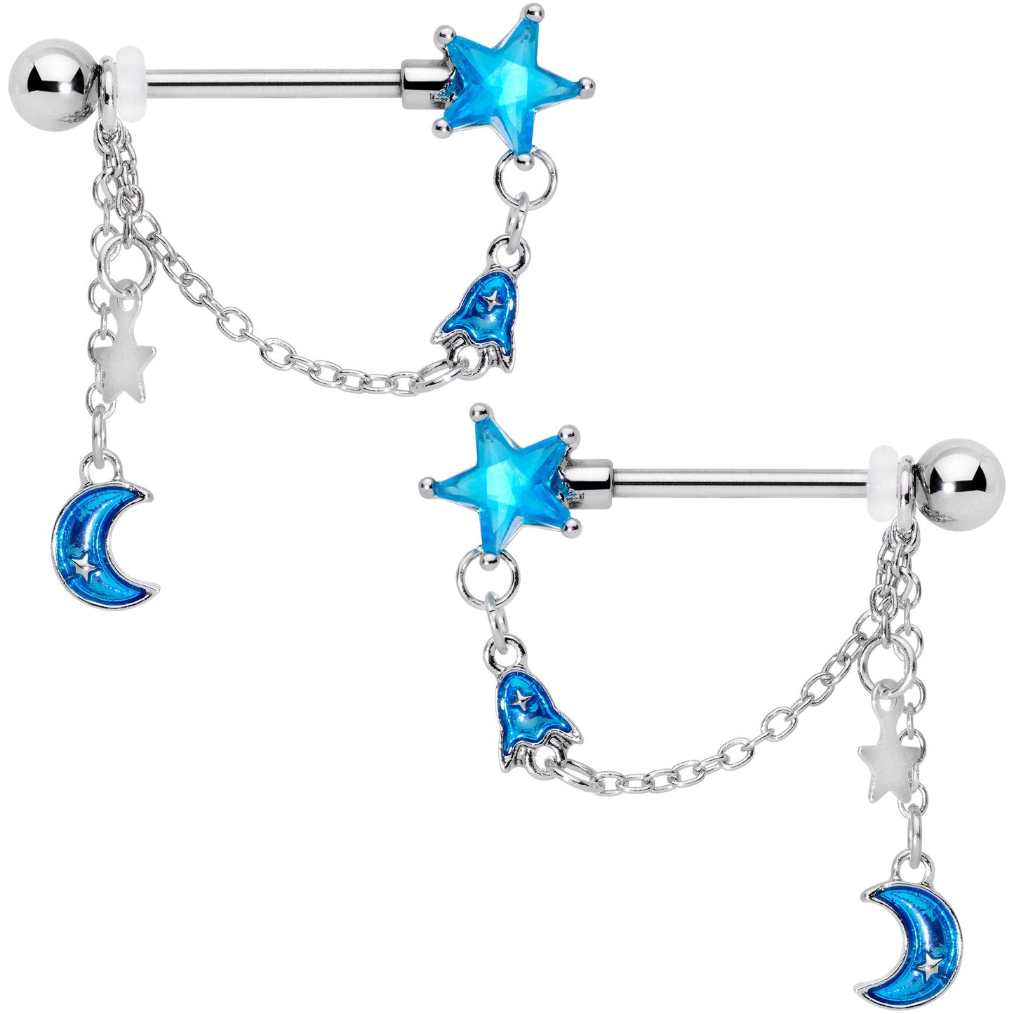 14G 5/8 Blue Gem Rocket Star Moon Dangle Barbell Nipple Ring Set