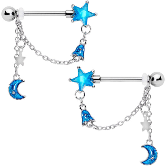 14G 5/8 Blue Gem Rocket Star Moon Dangle Barbell Nipple Ring Set