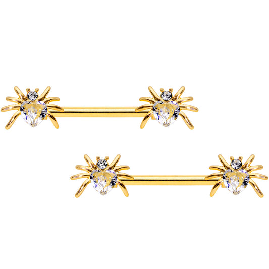 14G 9/16 Clear Gem Gold Tone Heart Spider Nipple Ring Set