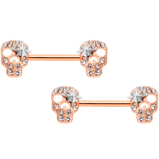 14G Clear Gem Rose Gold Tone Star Skull Barbell Nipple Ring Set