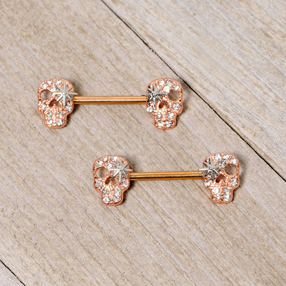 14G Clear Gem Rose Gold Tone Star Skull Barbell Nipple Ring Set
