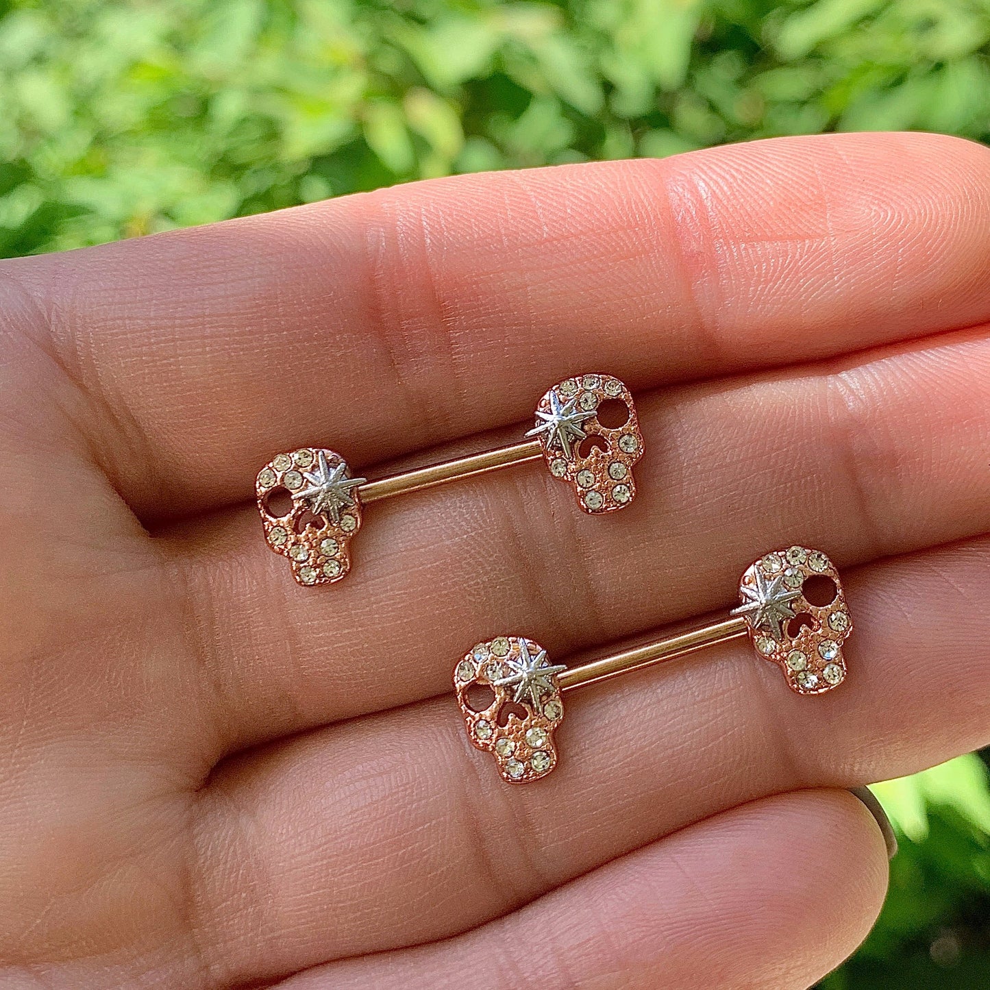 14G 9/16 Clear Gem Star Skull Barbell Nipple Ring Set