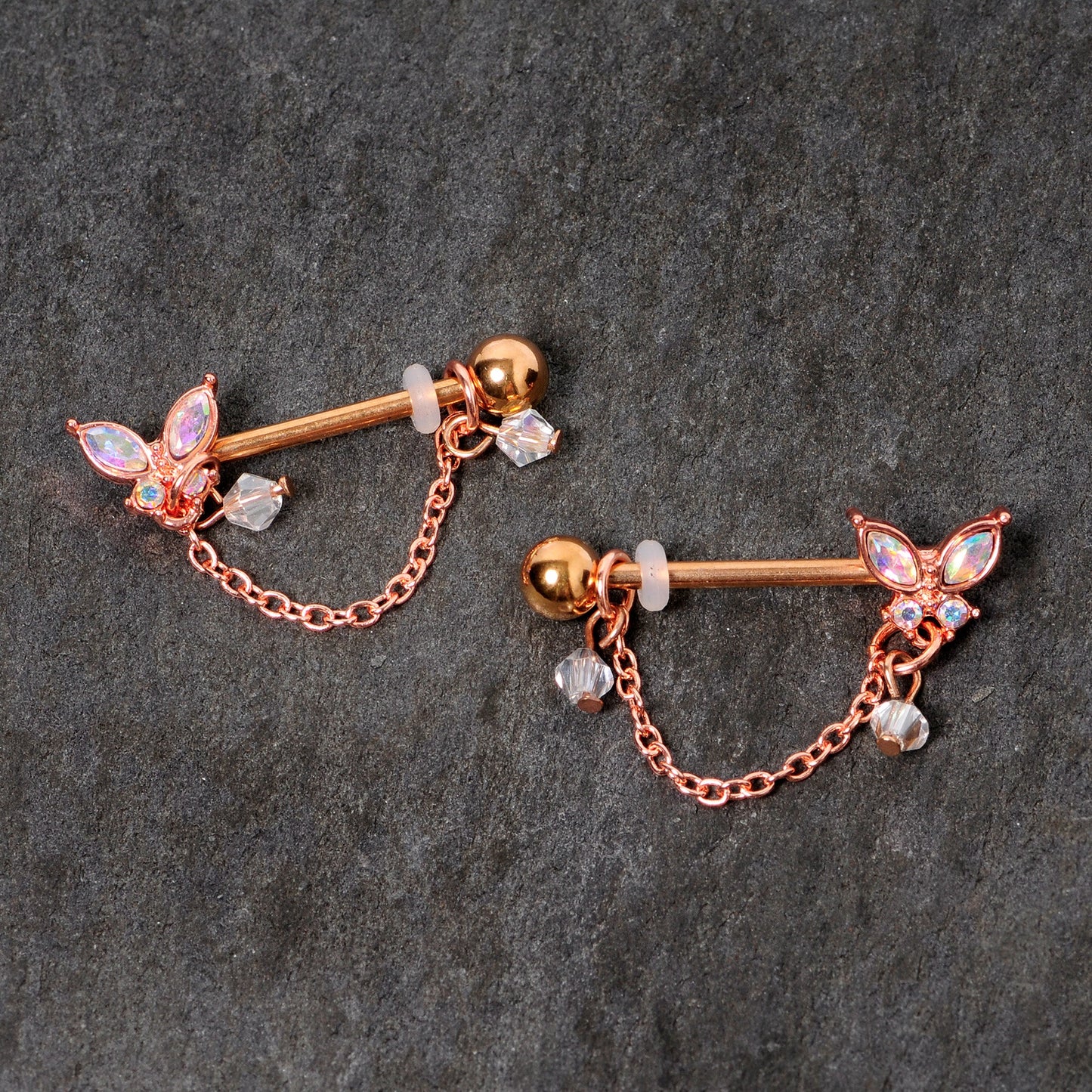 14G 5/8 Aurora Gem Rose Gold Tone Butterfly Dangle Nipple Ring Set