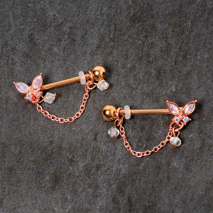 14G 5/8 Aurora Gem Rose Gold Tone Butterfly Dangle Nipple Ring Set