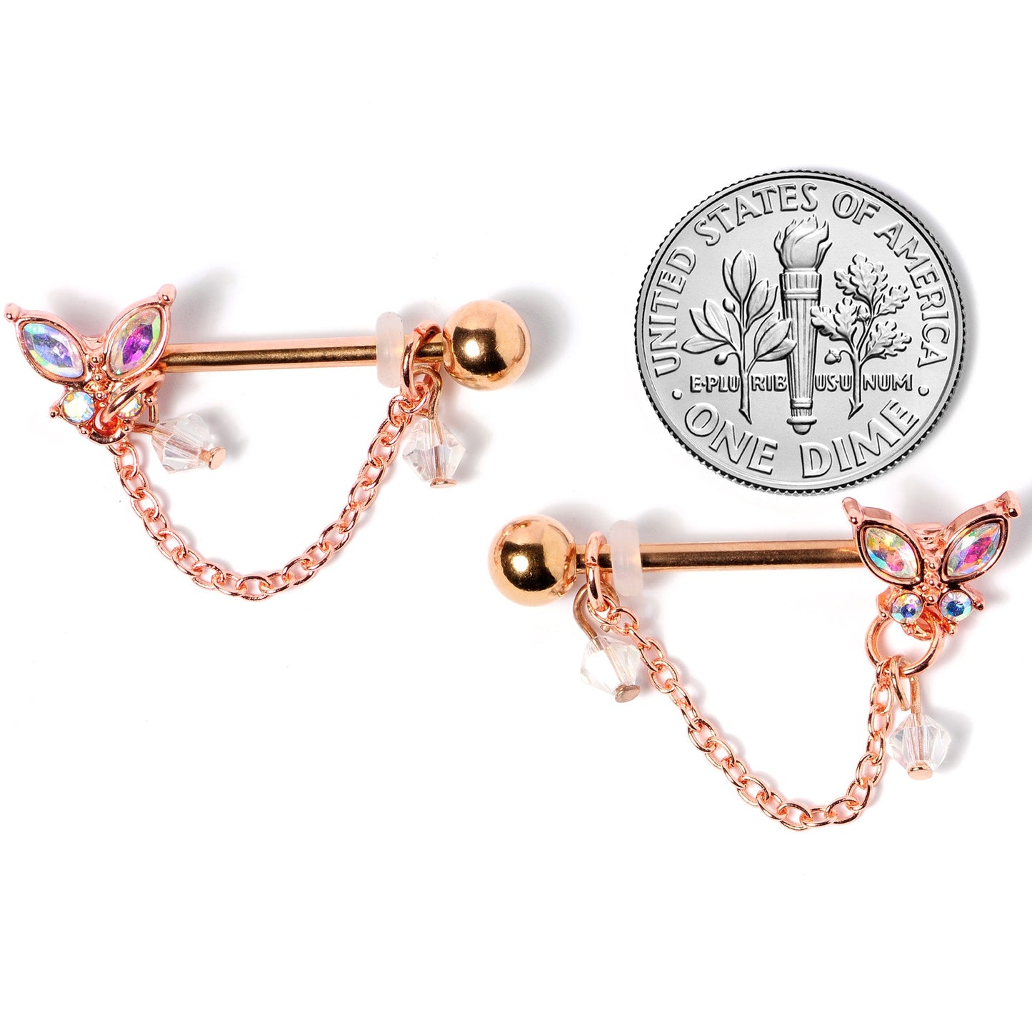 14G 5/8 Aurora Gem Rose Gold Tone Butterfly Dangle Nipple Ring Set