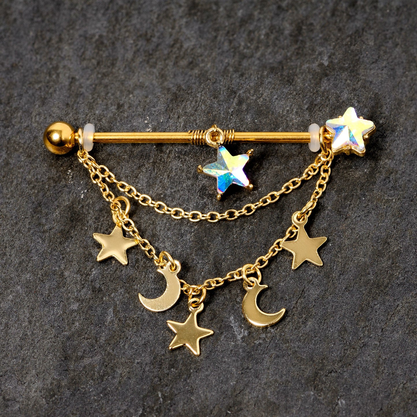 14G Aurora Gem Gold Tone Moon Star Dangle Industrial Barbell 38mm