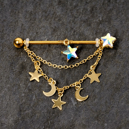 14G Aurora Gem Gold Tone Moon Star Dangle Industrial Barbell 38mm
