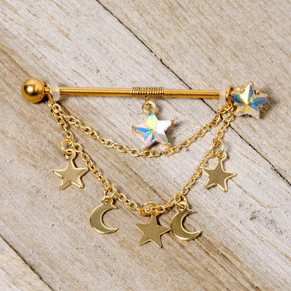 14G Aurora Gem Gold Tone Moon Star Dangle Industrial Barbell 38mm