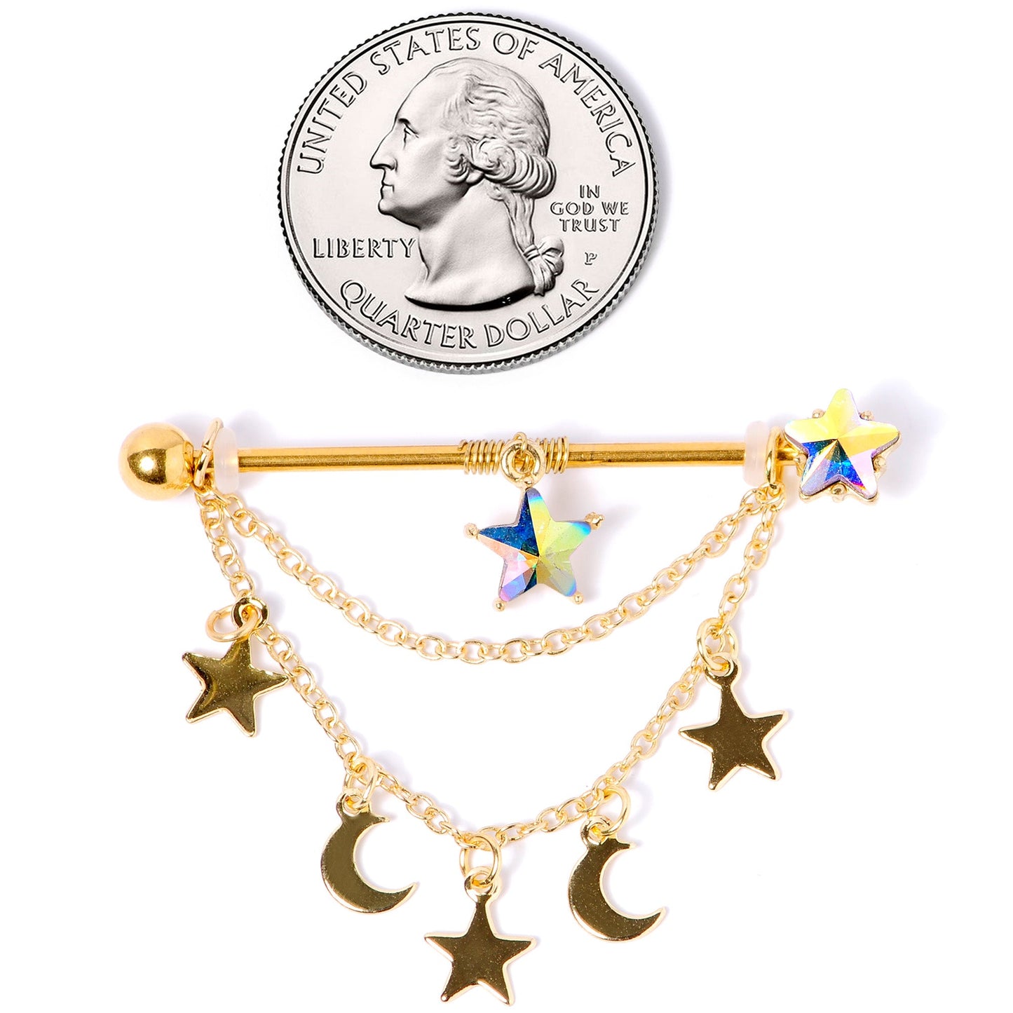 14G Aurora Gem Gold Tone Moon Star Dangle Industrial Barbell 38mm
