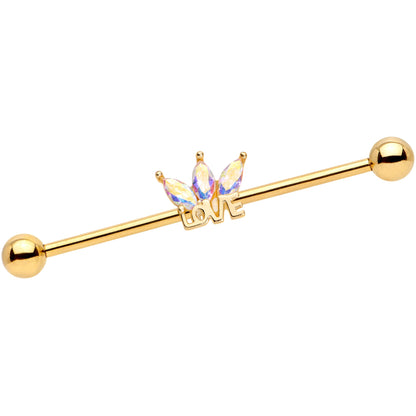 14G Aurora Gem Gold Tone Crown Love Industrial Barbell 38mm