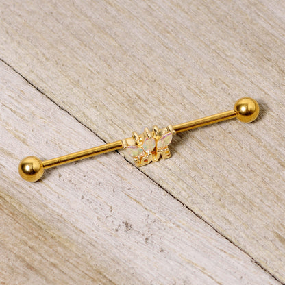 14G Aurora Gem Gold Tone Crown Love Industrial Barbell 38mm