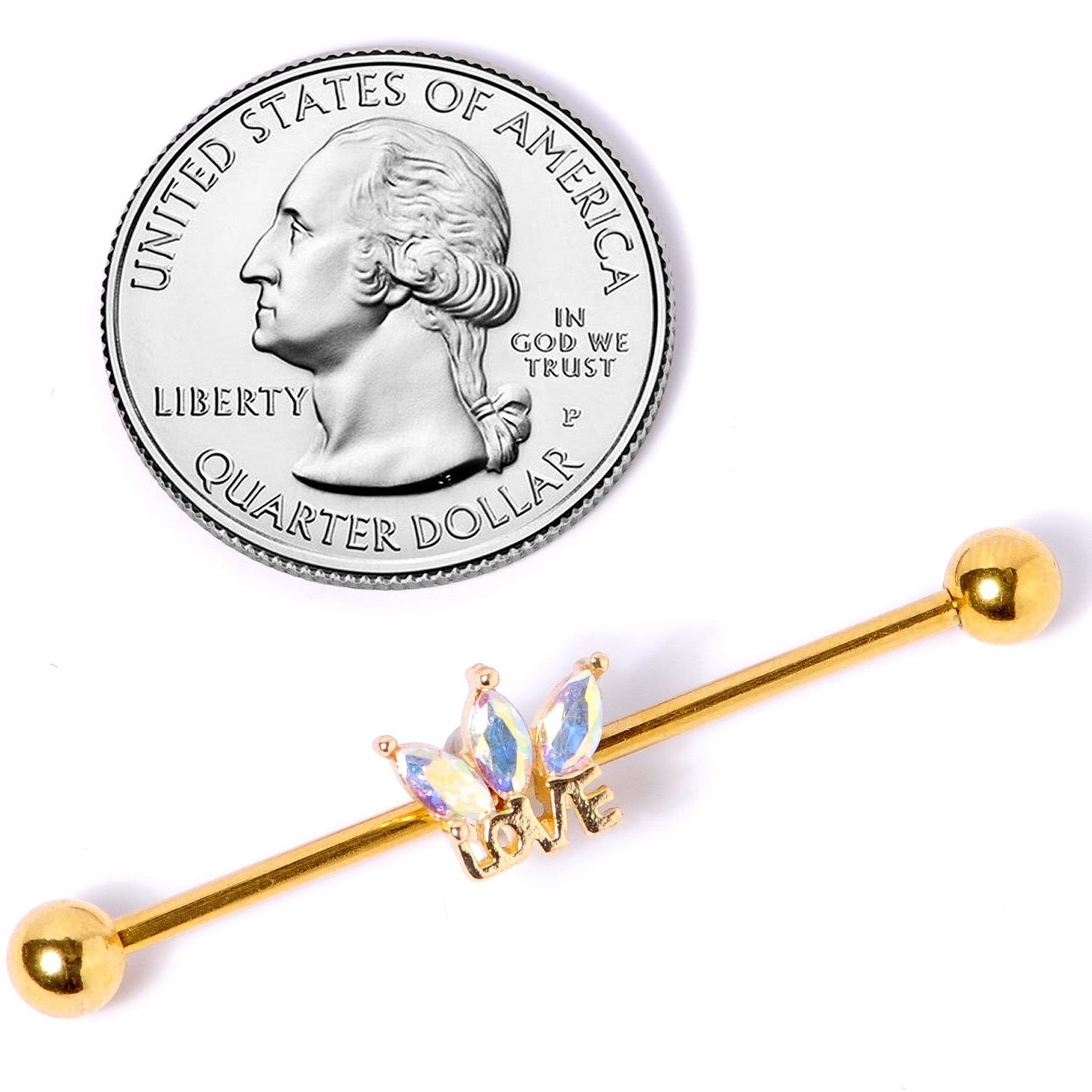 14G Aurora Gem Gold Tone Crown Love Industrial Barbell 38mm