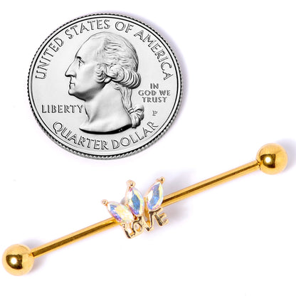14G Aurora Gem Gold Tone Crown Love Industrial Barbell 38mm