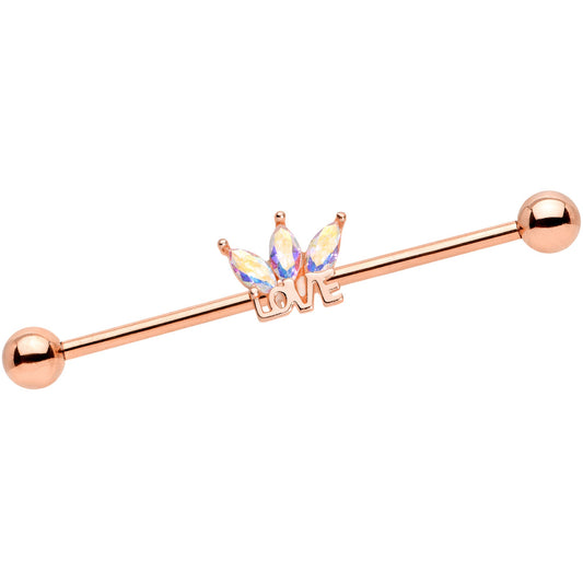 14G Aurora Gem Rose Gold Tone Crown Love Industrial Barbell 38mm