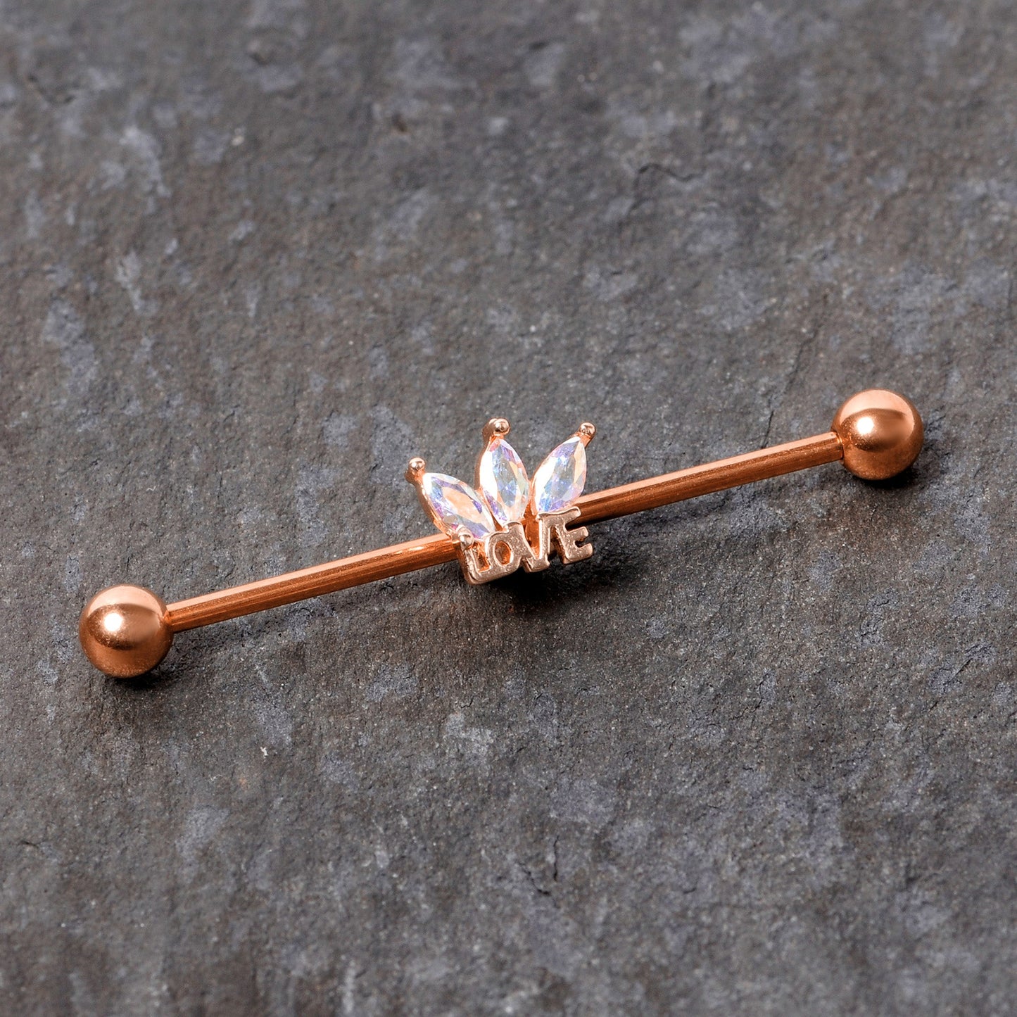 14G Aurora Gem Rose Gold Tone Crown Love Industrial Barbell 38mm