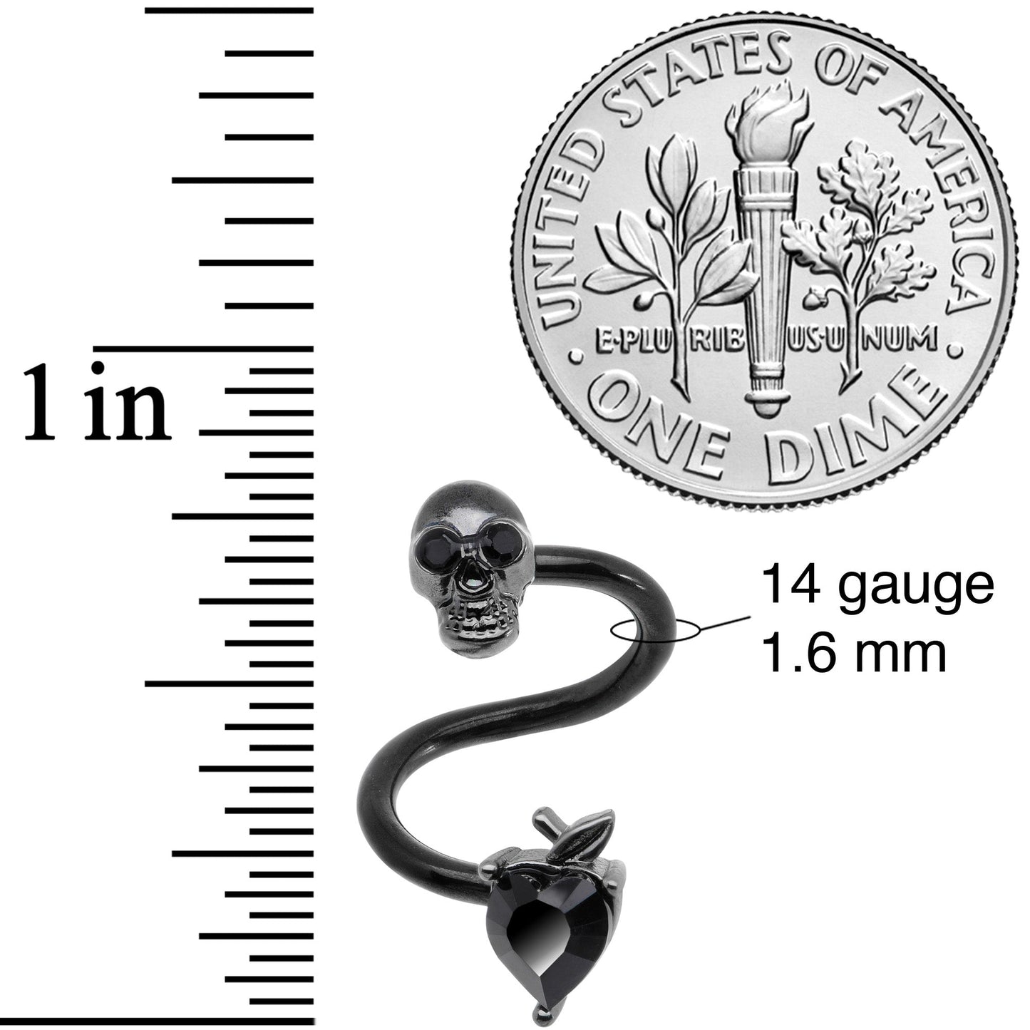 14G 1/2 Black CZ Gem Halloween Skull Spiral Twister Belly Ring
