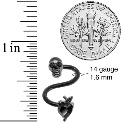 14G 1/2 Black CZ Gem Halloween Skull Spiral Twister Belly Ring
