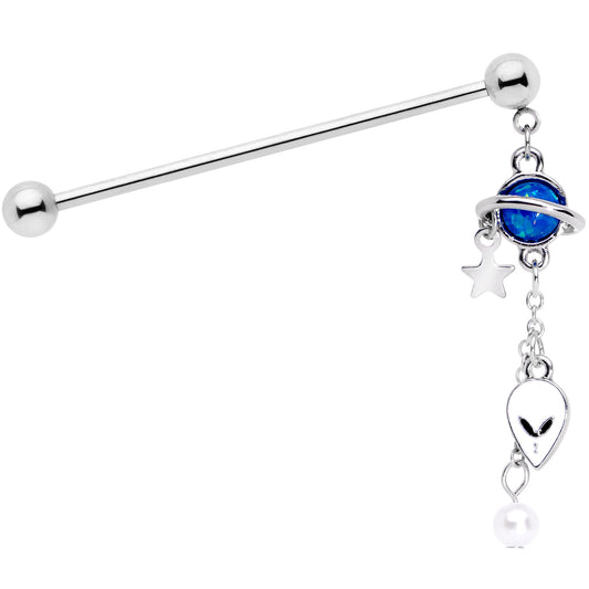 14G Blue Faux Opal Planet Alien Dangle Industrial Barbell 38mm