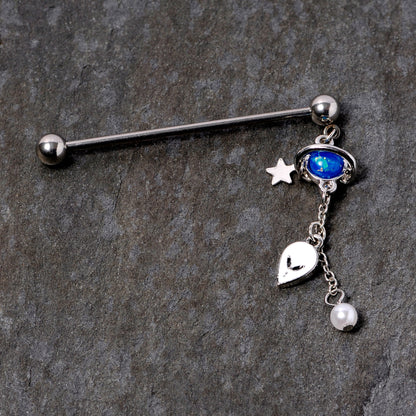 14G Blue Faux Opal Planet Alien Dangle Industrial Barbell 38mm