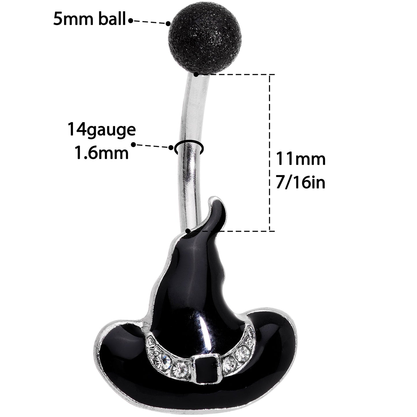 Clear Gem Black Halloween Witches Hat Belly Ring