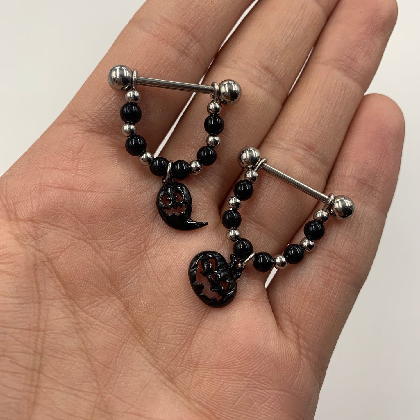 14G 5/8 Black Pumpkin Ghost Halloween Dangle Nipple Ring Set