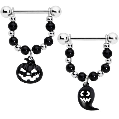 14G 5/8 Black Pumpkin Ghost Halloween Dangle Nipple Ring Set