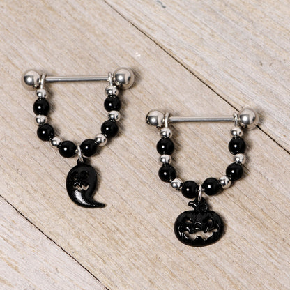 14G 5/8 Black Pumpkin Ghost Halloween Dangle Nipple Ring Set