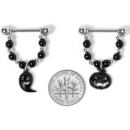 14G 5/8 Black Pumpkin Ghost Halloween Dangle Nipple Ring Set