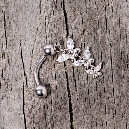 Clear Gem Band of Butterflies Top Mount Dangle Belly Ring
