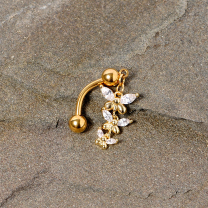 Clear Gem Gold Tone Band of Butterflies Top Mount Dangle Belly Ring