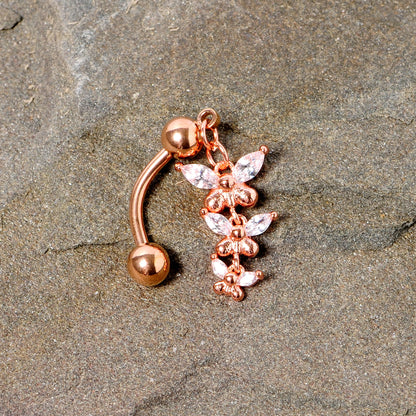 Clear Gem Rose Gold Tone Butterflies Top Mount Dangle Belly Ring