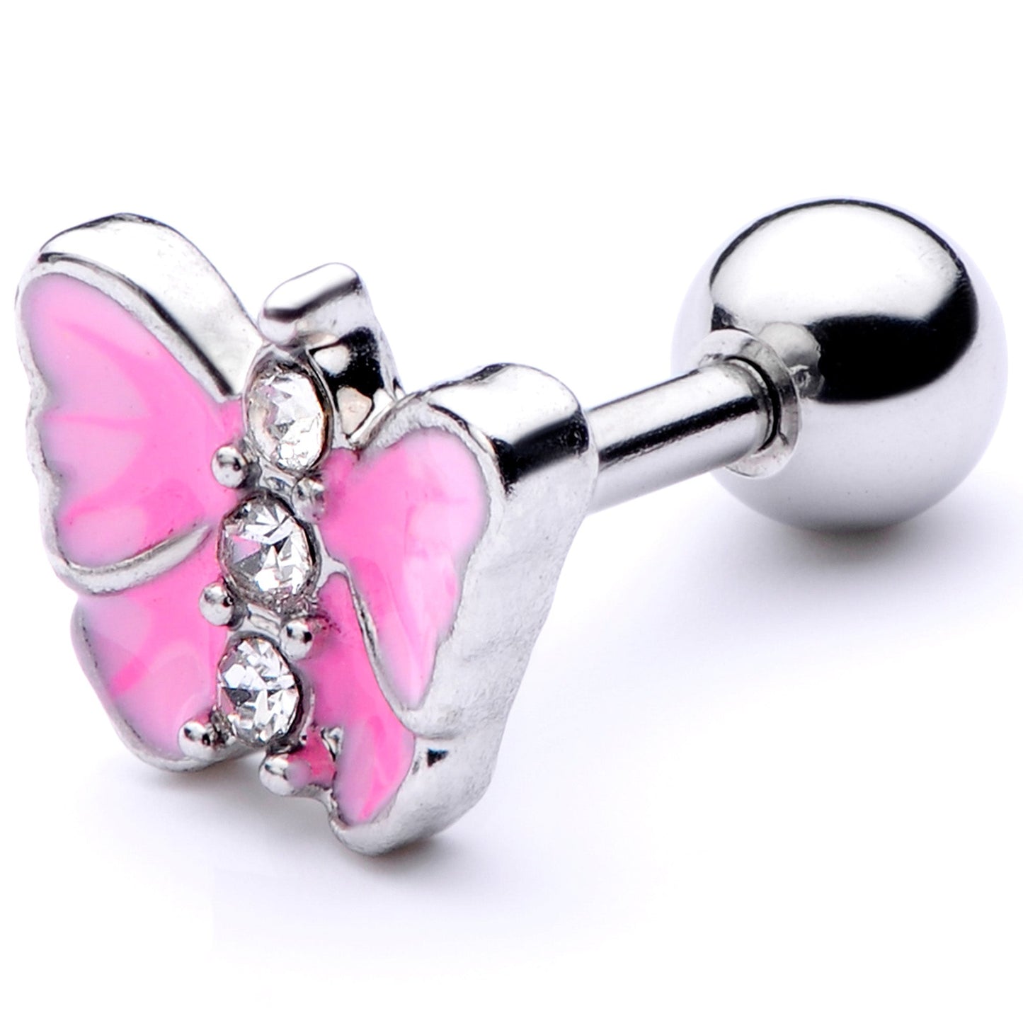 16G 1/4 Clear Gem Pink Butterfly Cartilage Tragus Earring