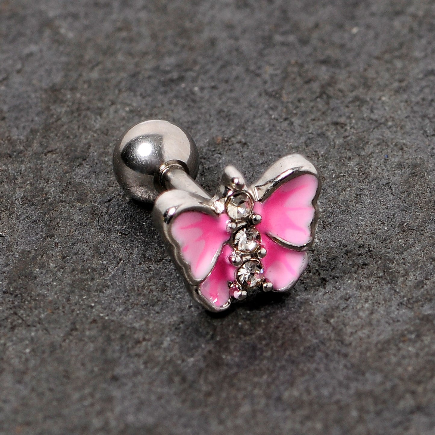 16G 1/4 Clear Gem Pink Butterfly Cartilage Tragus Earring