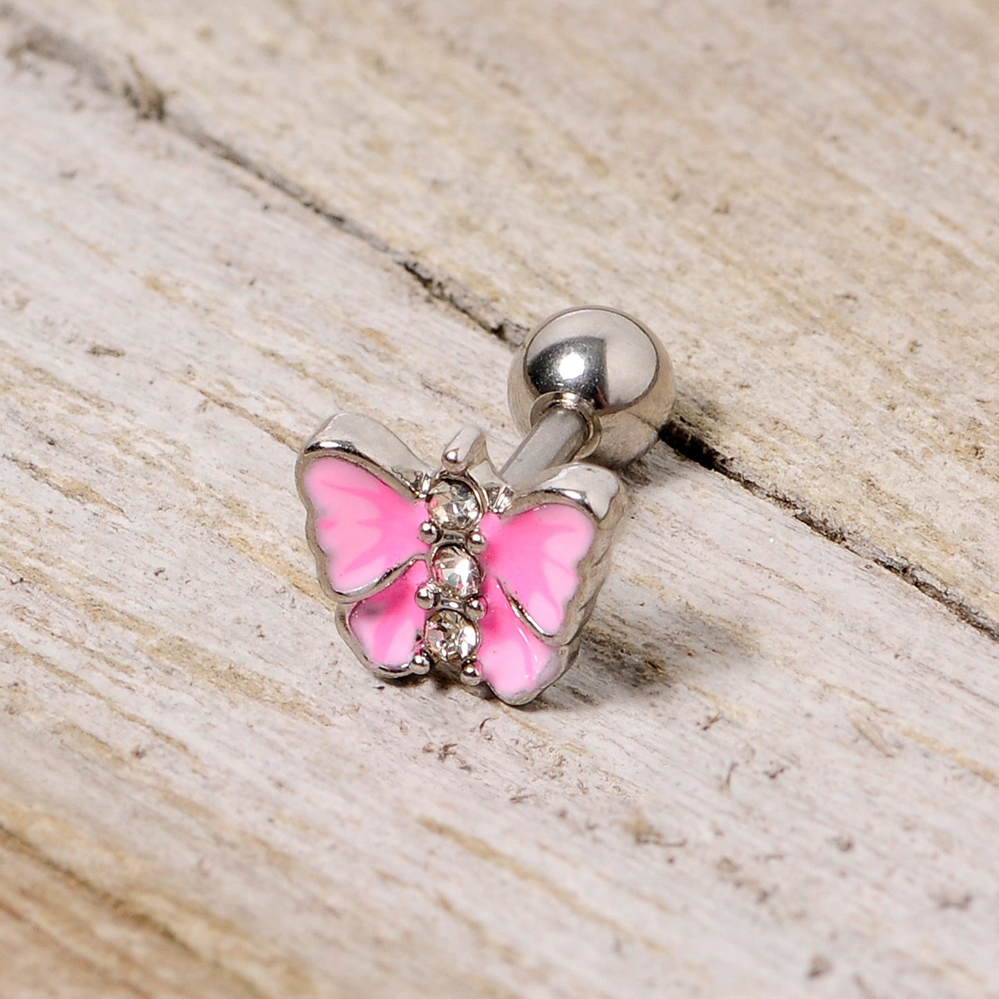 16G 1/4 Clear Gem Pink Butterfly Cartilage Tragus Earring