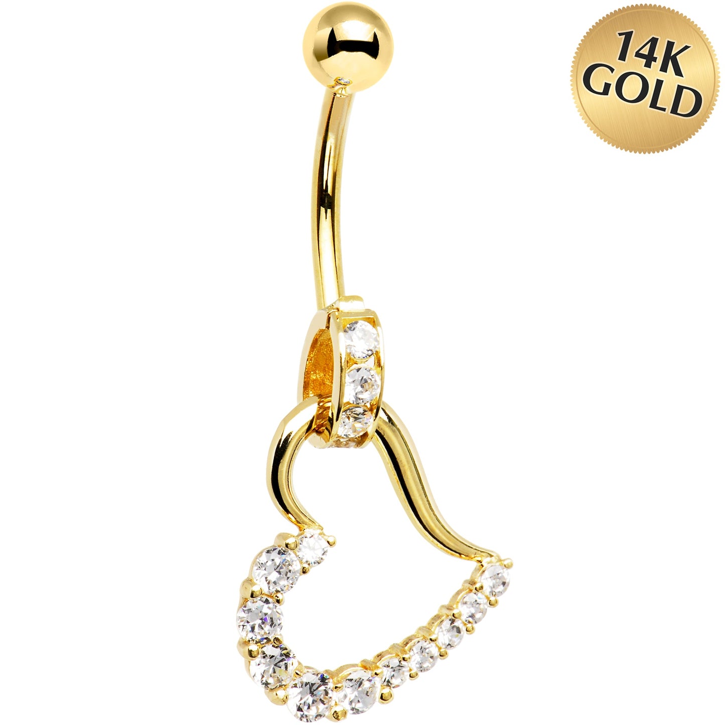 16G Solid 14K Yellow Gold Cubic Zirconia HOLLOW HEART CHARM Belly Ring